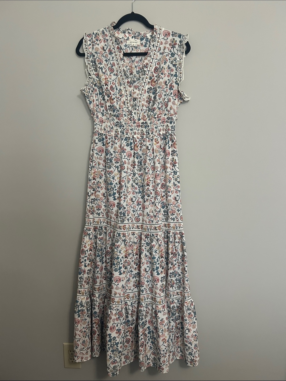 Max Studio Cream Maxi Dress with Pink and Green Floral Print